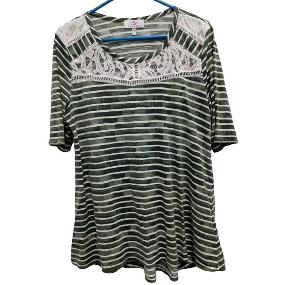 OSO Casual Womens A Line Tunic Top Large Green White Striped Lace Detail Casual - Picture 1 of 8